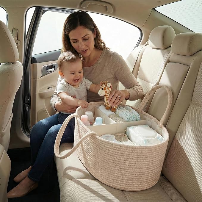 luxury little Diaper Caddy Organizer, Large Cotton Rope Nursery Baby Basket, Changing Table Organizer for Baby Diaper Storage, Portable Car Organizer Removable Divider (Oatmeal, Large)