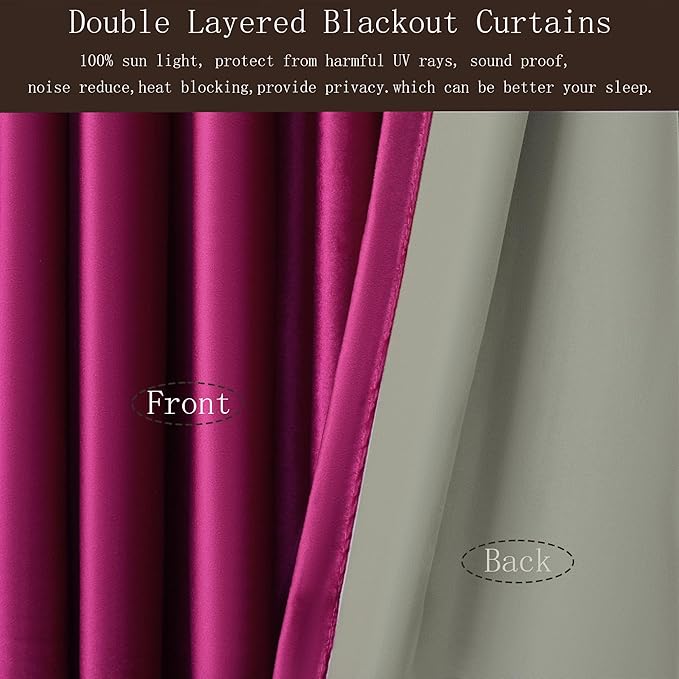 PRIMROSE Full Blackout Hot Pink Velvet Curtains 102 inch Long for Living Room,2 Liner Rod Pocket Back Tab Thermal Window Curtains Room Darkening Heavy Decorative Curtain Drapes for Bedroom