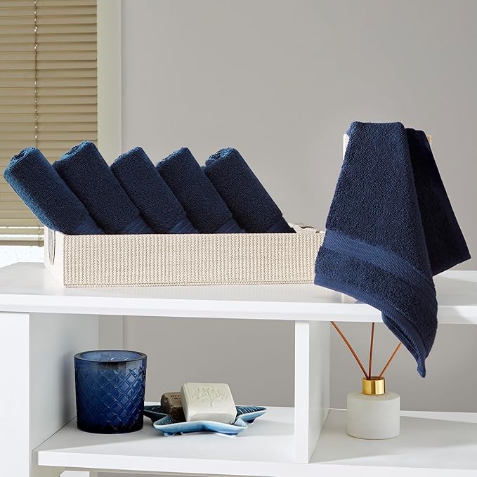 Ozdilek 6-Piece Washcloth Set 13x13 100% Turkish Cotton, 600 GSM, Soft, Gentle on Sensitive Skin, Multi-Purpose Use, Washable, Reusable, Ideal for Baby Care & Spa 6 Towels (Navy Blue)