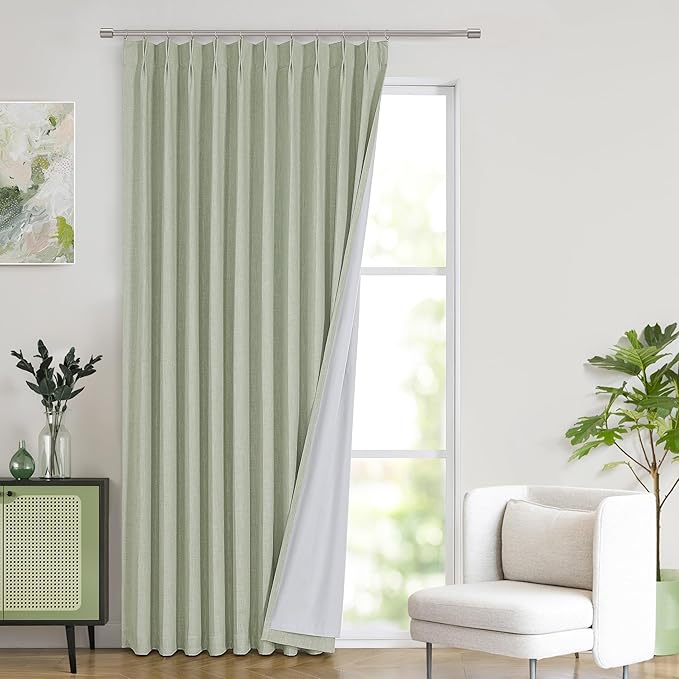 WEST LAKE Soft Green Pinch Pleated Full Blackout Bedroom Curtain Panels 95 Inches Long,Linen Blended Thermal Insulated Drapes,Modern Window Treatment Home Decor,Back Tabs Hooks,60" Wx95 L(Pack of 1)
