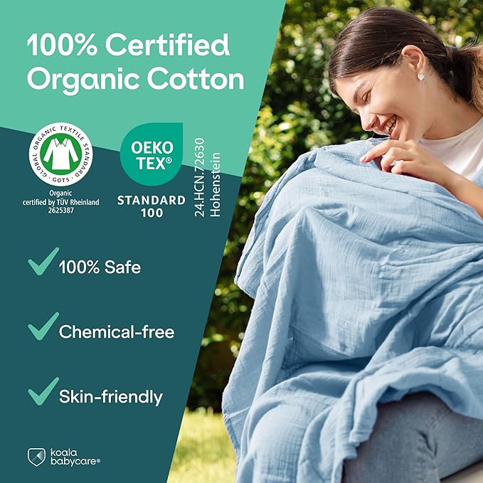 Koala Babycare 5 Pack 20"x10" Muslin Burp Cloths for Baby Boys and Girls - GOTS & Oeko-TEX Cotton Burp Rags for Newborns - Absorbent Neutral Burping Cloths for Feeding - Washable Baby Bibs Essentials