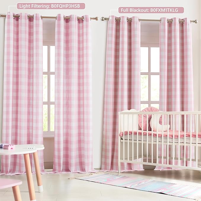 Amzdecor Buffalo Plaid Full Blackout Curtains Checkered GEO Thermal Insulated Energy Efficient Drapes Grommet 2 Layers Window Treatment for Girls Room Bedroom Living Room,2 Panels,40"x90",Pink & White