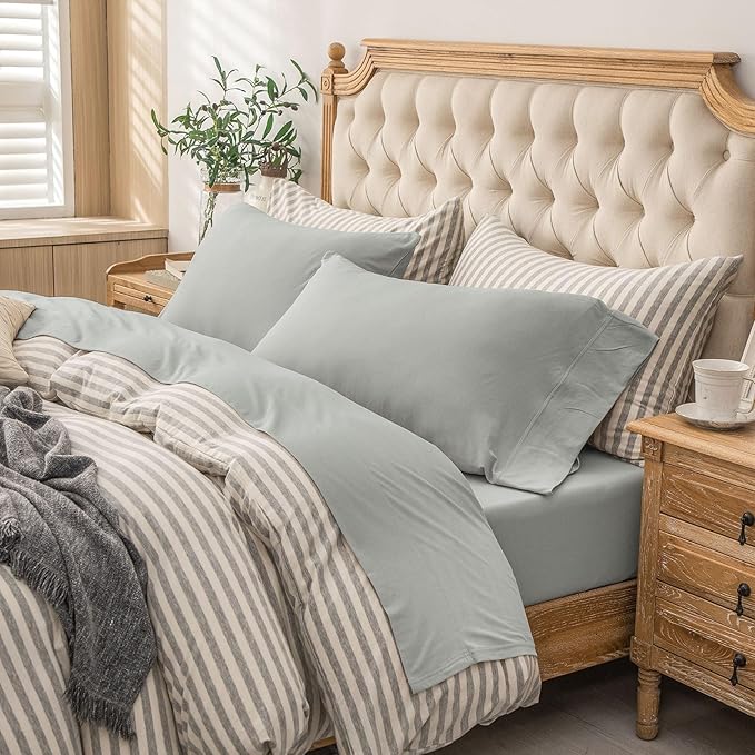 PURE ERA Jersey Knit 4pc Bed Sheet Set 100% T-Shirt Cotton Super Soft Comfy Breathable Fits Mattress Up to 20" Extra Deep Pocket (Solid Light Grey, Queen)