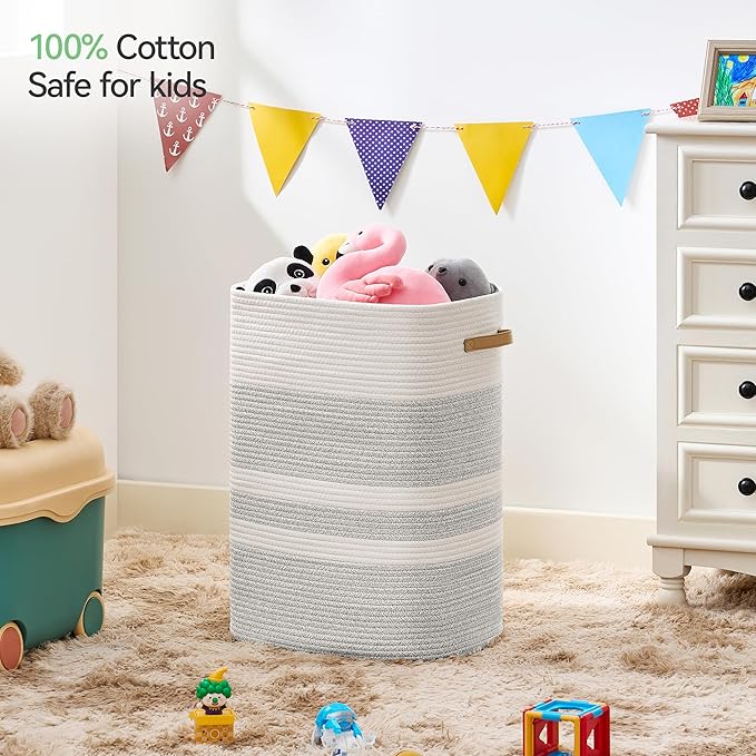 Laundry Hamper,Laundry Basket with Leather Handles,Woven Storage Basket for Toys,Pillows,Blankets,Clothes,Grey&White