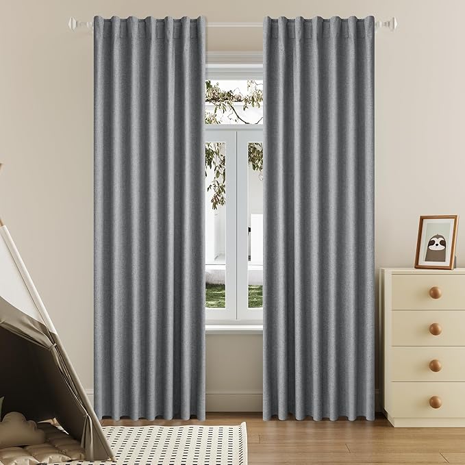 DUALIFE Faux Linen Blackout Grey Curtains 80 Inch Long,Farmhouse Back Tab Rod Pocket Curtains Room Darkening Thermal Insulated Drapes for Bedroom Living Room,W50 x L80,2 Panels