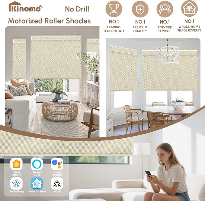 Kincmo No Drill Motorized Blinds with Remote, 100% Blackout Roller Shades for Windows, Custom Electric Blinds Compatible with Alexa, Apple Homekit, Google Home (100% Blackout Dual Sided Beige)