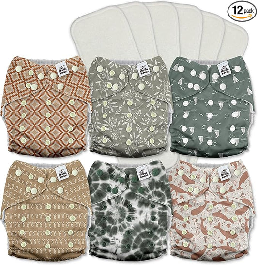 Mama Koala 3.0 Pocket Cloth Diapers for Babies with AWJ Lining, 6 Pack with 6 5-Layer Natural Cloth Diaper Inserts - Reusable and Washable Pocket Diapers(A-Calm Spring)