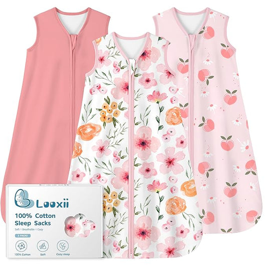 Looxii Baby Sleep Sack 0.5 TOG, 100% Cotton 3 Pack Wearable Blanket Baby Sleep Bag for Newborn Infant, 2-Way Zipper Lightweight Toddler Sleeping Sack 12-18 Months