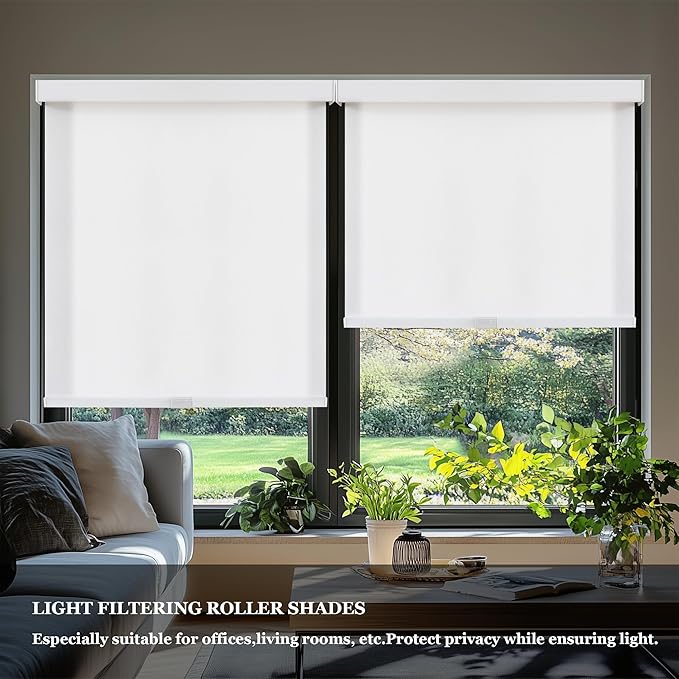 AOSKY Light Filtering Roller Shades Cordless Blinds for Windows, 1% Openness Free-Stop Shades with Valance, Thermal Insulated Fabric, UV Protection, Natural Woven Blinds（24" W x 72" H, White）