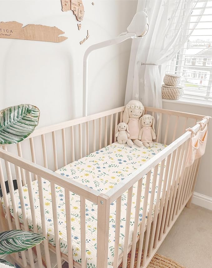 Crib Sheets for Baby Boy Girl 2 Pack, Fitted Crib Mattress Sheet 28" x 52", Muslin Toddler Bedding with Neutral Style, Nursery Bedding Essentials (Spring Garden & Sage)