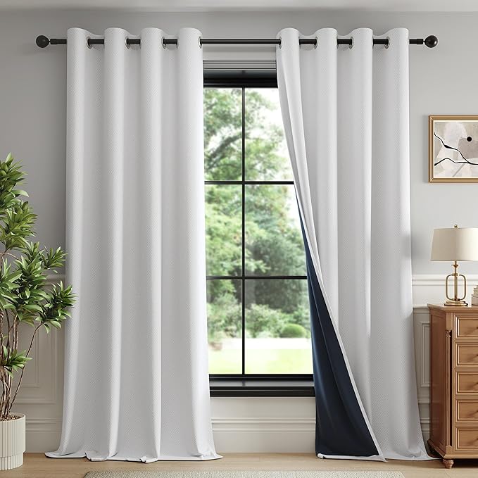 FMFUNCTEX 100% Blackout Curtains for Living Room,Weave Textured Curtains Thermal Insulated Curtain for Bedroom Grommet | White 52" W x 96" L (Pack of 2)