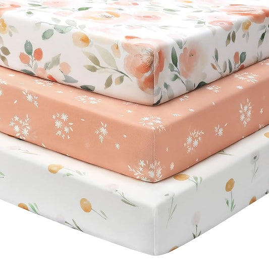 Baby Crib Sheets Girl, 3 Pack Toddler Bed Sheets for 52”x28” Standard Toddler Mattresses, Soft Microfiber Fitted Crib Sheets Neutral Orange Watercolor Flower