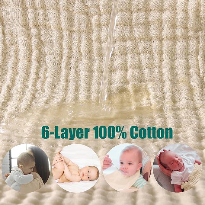 SnugOre Muslin Burp Cloths 5 Pack Large 20x12 inches Baby Burping Cloths, 6-Layer 100% Cotton for Newborn Boys Girls, Ultra Soft & Absorbent （Apricot Color）