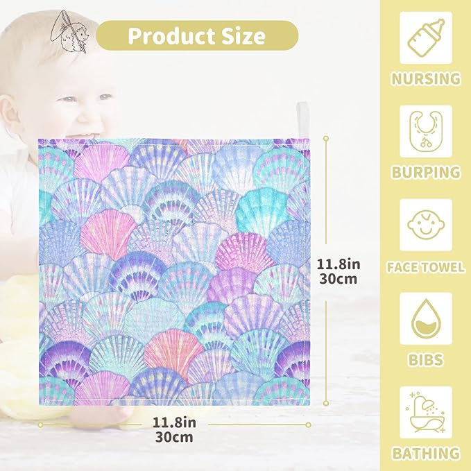 vvfelixl Baby Washcloths Cotton Sea Shell Mermaid Scales Baby Muslin Washcloths Ocean Soft Baby Face Towel for Newborn Infants Baby Wipes, 11.8 X 11.8 Inch, 5 Pack Pink