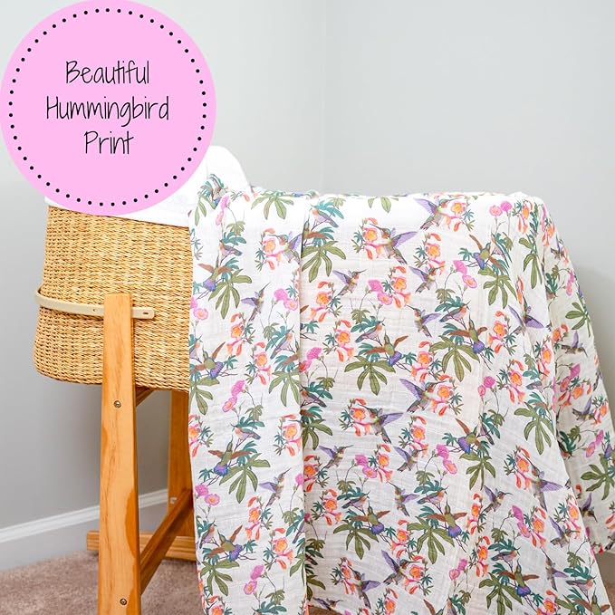 LollyBanks Baby Swaddle Blanket, 100% Cotton Muslin Blankets for Girls, 47 x 47 Inches Soft and Breathable Swaddles for Newborn, Gentle Baby Wrap Swaddle, Registry (Hummingbird Print)