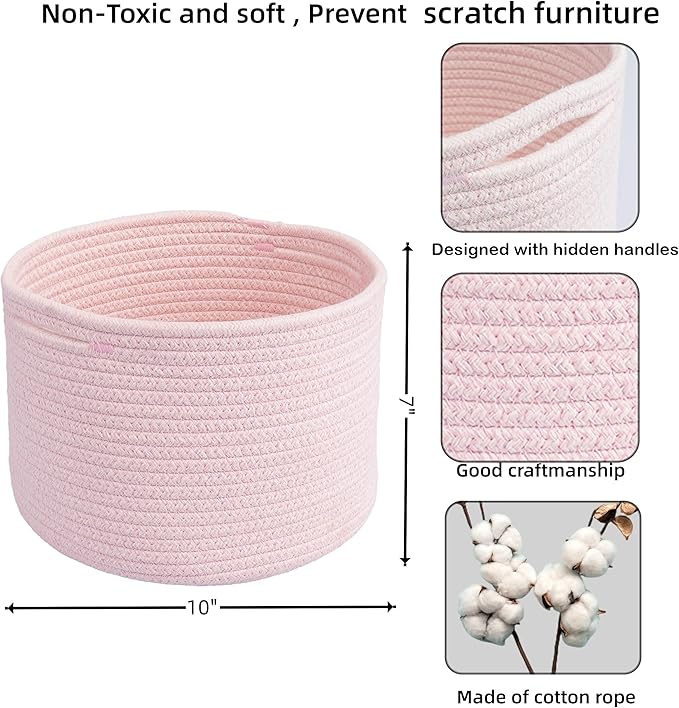 Woven Cotton Rope Storage Baskets - 3-Pack Round Bins (10x10x7'') for Shelves, Closets & Bookcases | Durable Rope Organizers for Nursery, Baby, Toys, Easter & More (pink)