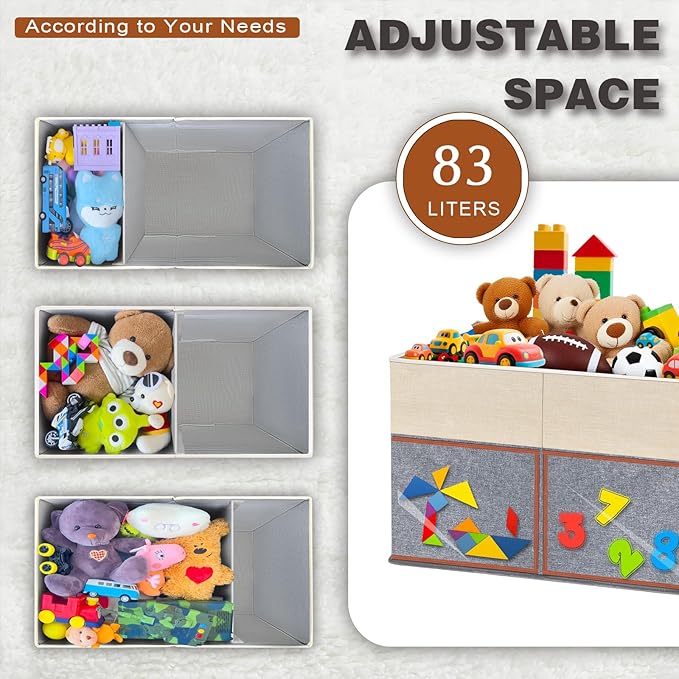 1 Pack Large Toy Storage Box with Clear Lids Collapsible Toy Organizer Chest with Adjustable Dividers Kids Storage Bin Basket for Boys Girls Living Room Nursery Playroom Closet Beige and Grey