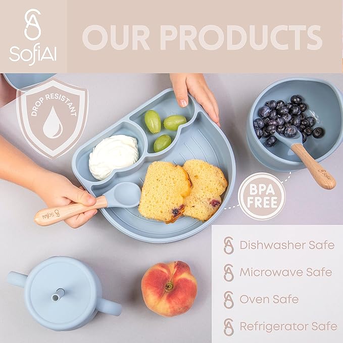 SofiAl All In One Silicone Feeding Set - Safe for 6-12 Months - Non-Toxic Baby Led Weaning Supplies - Toddler Self Feeding Utensils - BPA-Free - Mess Free Essentials