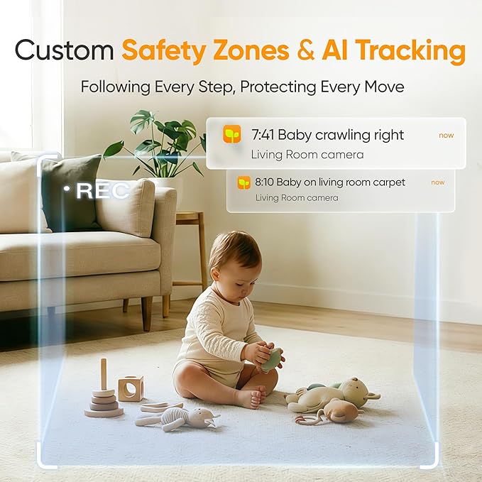 Monai Smart Baby Monitor - 3K HD WiFi Video Baby Camera with 7 AI Features, Pan-Tilt, 6X Zoom & Night Vision, Instant Alerts for Cry/Sound/Sleep/Face Covered/Motion, No Monthly Fee, Nursery Monitor
