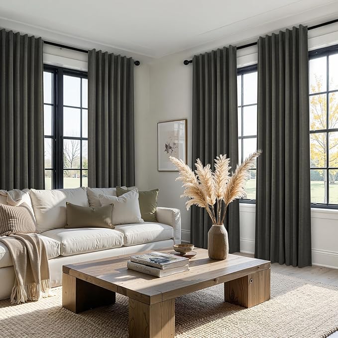 95 Inch Long Gray Blackout Curtains for Bedroom 2 Panels Set Modern Linen Blend Texture Back Tab Pleated Floor to Ceiling Thermal Drapes Hooks Rings Window Drapes Decor (W52 x L95 Charcoal Grey)