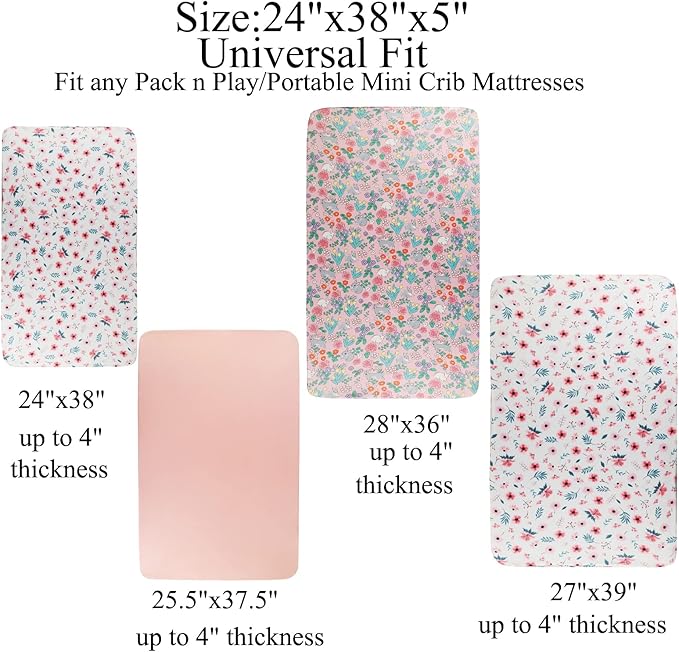 Pack n Play Sheet Stretchy Fitted Portable Mini Crib Sheets Set 3 Pack,Playard Sheets Convertible Playard Mattress Cover,Ultra Soft Jersey Material,Floral,Grey Rabbit & Pink