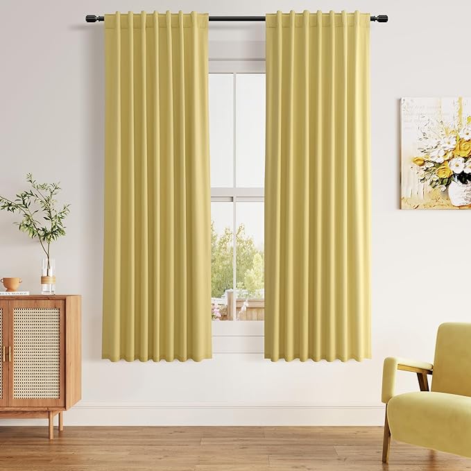 Guken Yellow 100% Blackout Curtains 63 Inch Length 2 Panels Set for Living Room Bedroom Back Tab Thermal Insulated Black Out Linen Drapes Room Darkening Window Curtains
