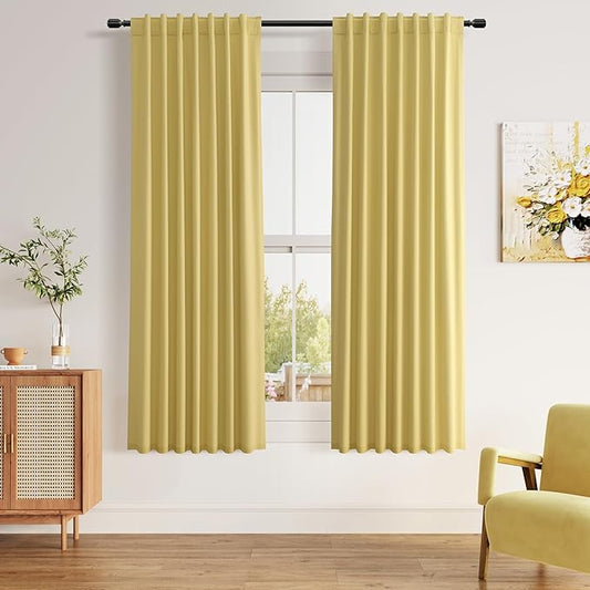 Guken Yellow 100% Blackout Curtains 63 Inch Length 2 Panels Set for Living Room Bedroom Back Tab Thermal Insulated Black Out Linen Drapes Room Darkening Window Curtains