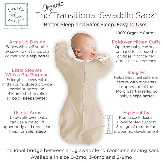 SwaddleDesigns Organic Transitional Swaddle Sack, Arms Up Swaddle with Half-Length Sleeves & Mitten Cuffs, Small, 0-3 Months, 6-14 lbs, Sand Dollar