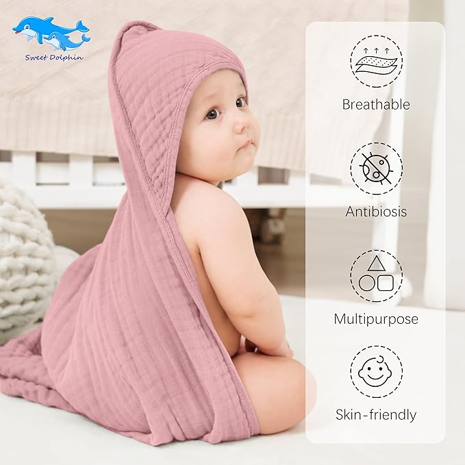 SWEET DOLPHIN Muslin Hooded Baby Bath Towels - 2 Pack 100% Cotton Towel for Babies, Infants, Toddlers - 32x32Inch - Highly Absorbent and Newborn Essential, Light Sakura