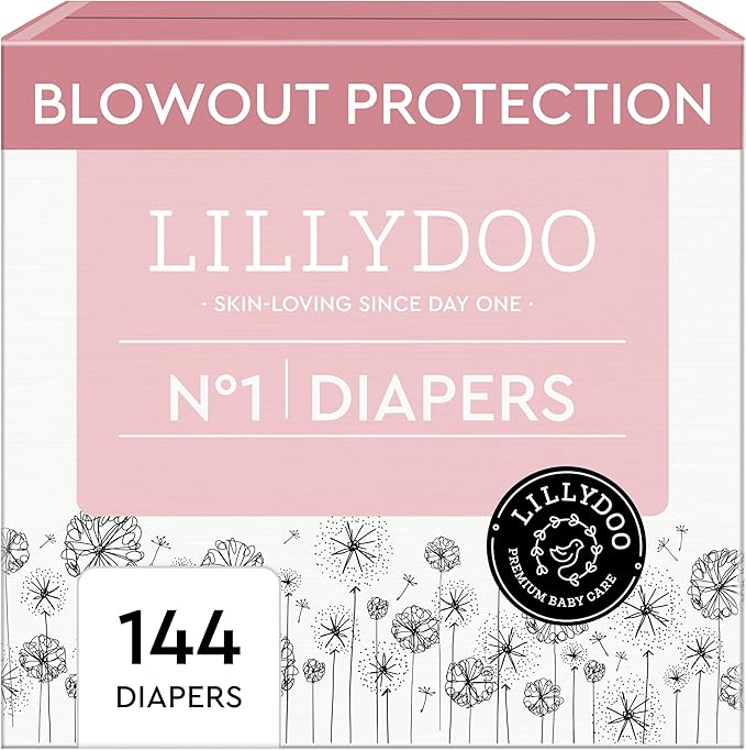 LILLYDOO Baby Diapers - Size 1 (4-11 lbs), Monthly Supply (144 Count), Leak Protection, Skin-Friendly, Ultrasoft, Perfume- & Chlorine-Free, Hypoallergenic, Dermatologist Tested, Oeko-TEX®