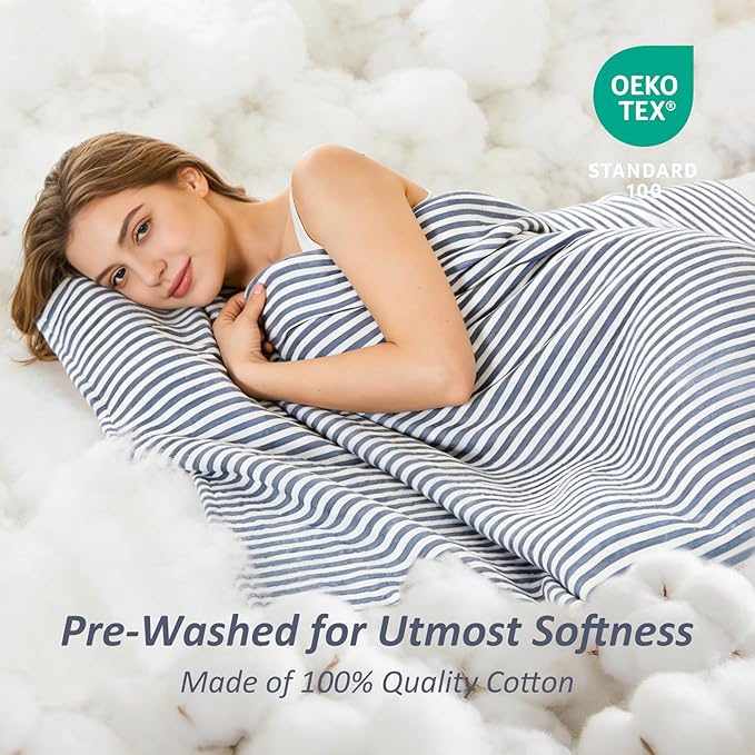 EMME Cotton Muslin King Blanket Bed Layering Bedspread Coverlet Breathable Gauze Soft Lightweight (Striped Navy, 108"x90")