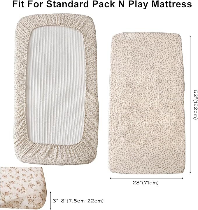 BuLuTu 2 Pack Muslin Fitted Portable/Mini Crib Mattresses Sheets 38"x26", Soft Cotton Pack and Play Mattress Sheets Fitted for Pack N Play, Machine Washable, Beige & Camellia