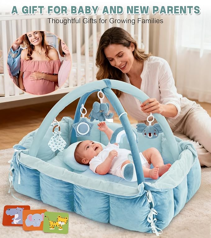 5-in-1 Baby Play Gym and Tummy Time Mat, Tummy Time Pillow & 12 Learning Cards, Plush Activity Mat with 6 Toys, Baby Gym, Convertible to Ball Pit, Baby Gift, Blue