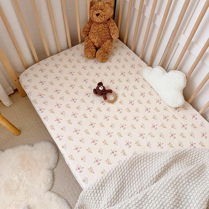 BuLuTu Muslin Floral Print Crib Sheets 2 Pack, Soft Breathable 100% Cotton Neutral Fitted Sheets Set for Standard Crib Mattress & Toddler Mattress 52"x28", Camellia & Azalea