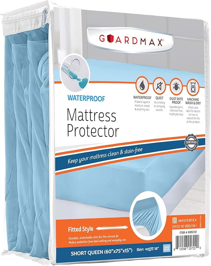 Guardmax Jersey Knitted Short Queen Size Mattress Protector - Waterproof & Dust Mite Proof Mattress Cover with Stretchable Pockets - Soft, Comfortable, & Noiseless Waterproof Fitted Sheet (60x75x15)