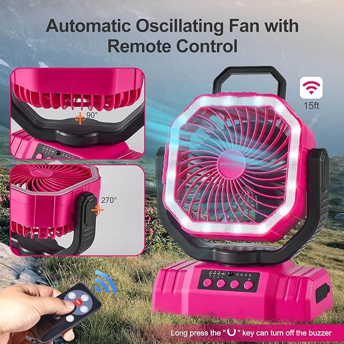 Odoland Portable Camping Fan with LED Lantern, 20000mAh Rechargeable Battery Powered Fan with Auto Oscillation, Timer, Remote, 360° Rotation Hook, 4 Speeds for Power Outage Travel Home, Pink