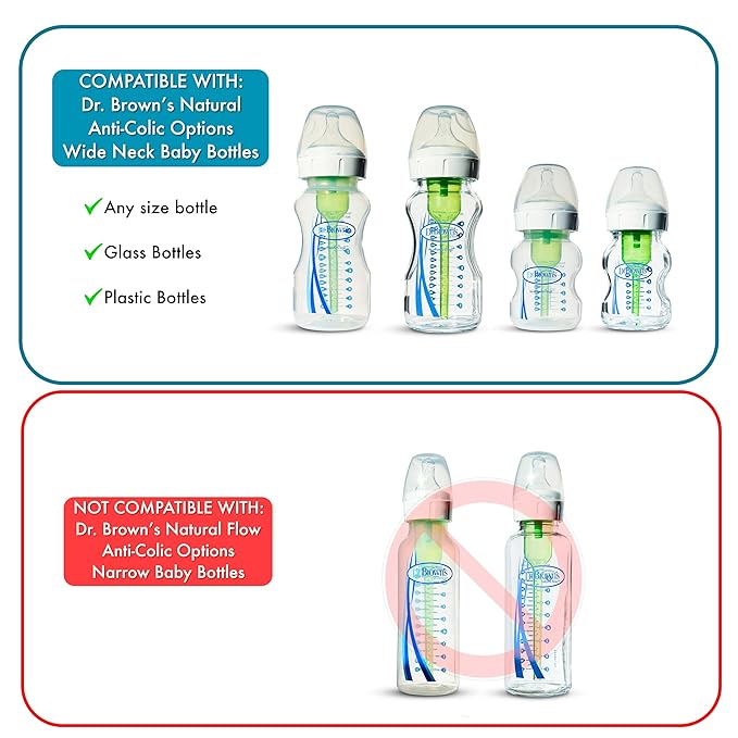 Flip Top Straw Lid for Dr. Brown's Natural Flow Anti-Colic Options+ Wide-Neck Baby Bottles, 2-Count, Cleaning Brush, Food Grade Silicone, BPA-Free, Spill-Proof, Converts to Straw Bottle, 6+ Months