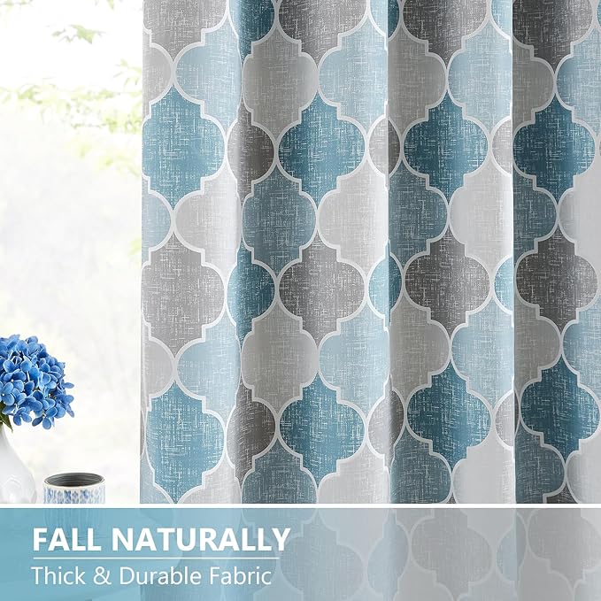 Moroccan 100% Blackout Curtains 63 Inches Long for Bedroom Gray Blue Geo Lattice Window Curtain Panels Room Darkening Thermal Insulated Noise Reducing Grommet Top Drapes, 52" W, 2panels