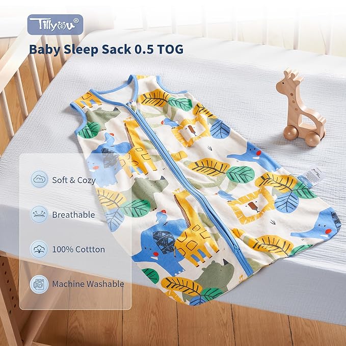 TILLYOU 2 Pack Baby Sleep Sack 18-24 Months 100% Cotton Wearable Blanket 0.5 TOG Sleeveless Summer Sleep Sacks with 2-Way Zipper, Animal Geometry & Blue