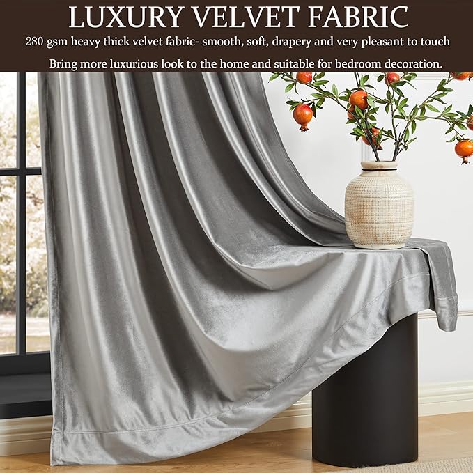 100% Full Blackout Silver Grey Velvet Curtains 84 inch Long for Living Room,Set of 2 Panels Liner Rod Pocket Back Tab Thermal Window Curtains Room Darkening Heavy Decorative Drapes for Bedroom