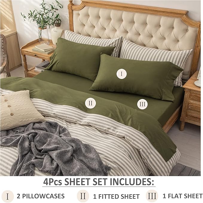 PURE ERA Jersey Knit 4pc Bed Sheet Set 100% T-Shirt Heather Cotton Super Soft Comfy Breathable Fits Mattress Up to 20" Extra Deep Pocket(Olive Green, Queen)