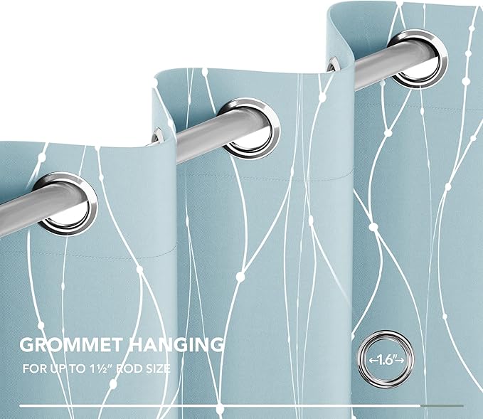 Deconovo Blackout Curtains, Thermal Insulated Soundproof Grommet Drapes, Wave Dot Foil Print, 38 x 90 Inch, Set of 2, Machine Washable Window Panel for Bedroom Living Room Nursery Kitchen, Light Blue