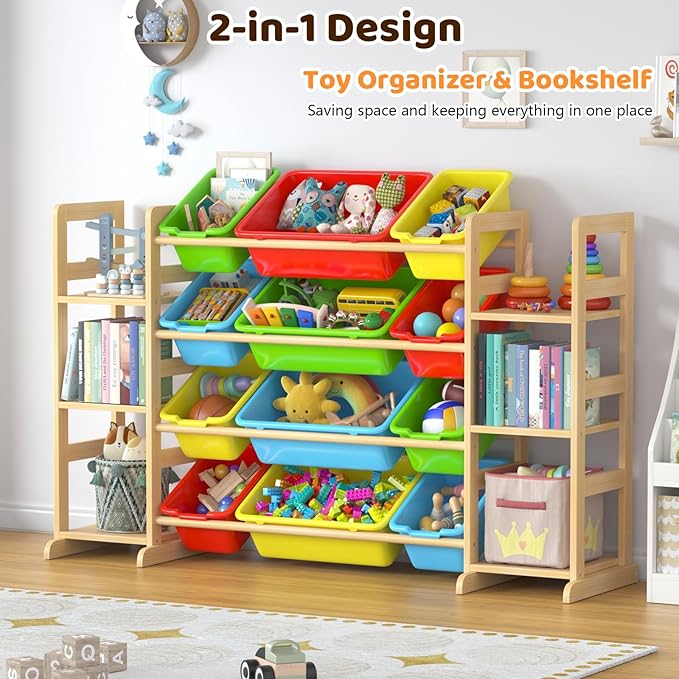 Large Toy Storage Organizer Kids Toy Organizer and Bookshelf Combo with 12 Bins and 6 Shelves Toy Organization Box Toy Shelf for Playroom, Bedroom, Nursery