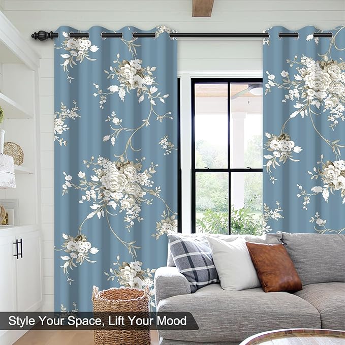 Blackout Curtains for Bedroom 84 Inch Long 2 Panels Set, Haze Blue Floral Grommet Winter Black Out Curtains for Living Room, Room Darkening Thermal Insulated Soundproof Window Drapes, Maintain Privacy
