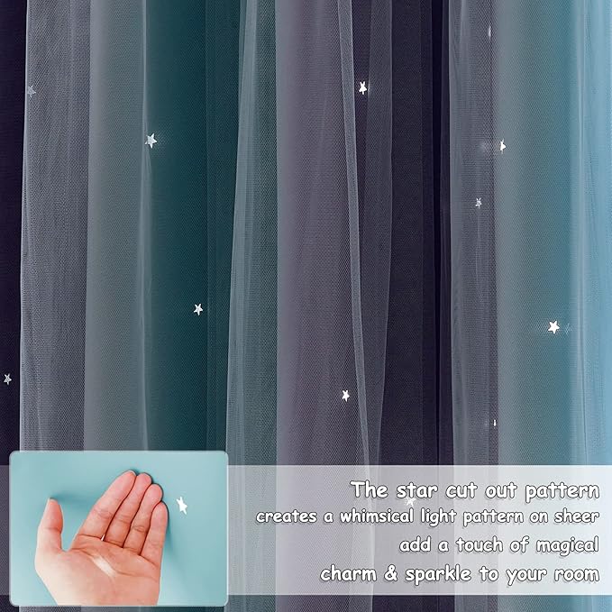 NICETOWN Girls Curtains for Bedroom Kids Room Decor White Mosquito Net & Blackout Ombre Drapes, Mix & Match Star Cut Curtain Panels for Nursery (Teal & Purple, Each is W52 x L84, Sold by 2 PCs)