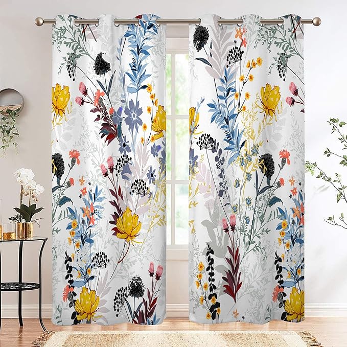 Renaiss Botanical Plants Blackout Curtains, Wild Flowers Plants Print Thermal Insulated Bedroom Window Curtains, Boho Floral Window Drapes for Living Room, 96" L x 53" W 2 Panel Set