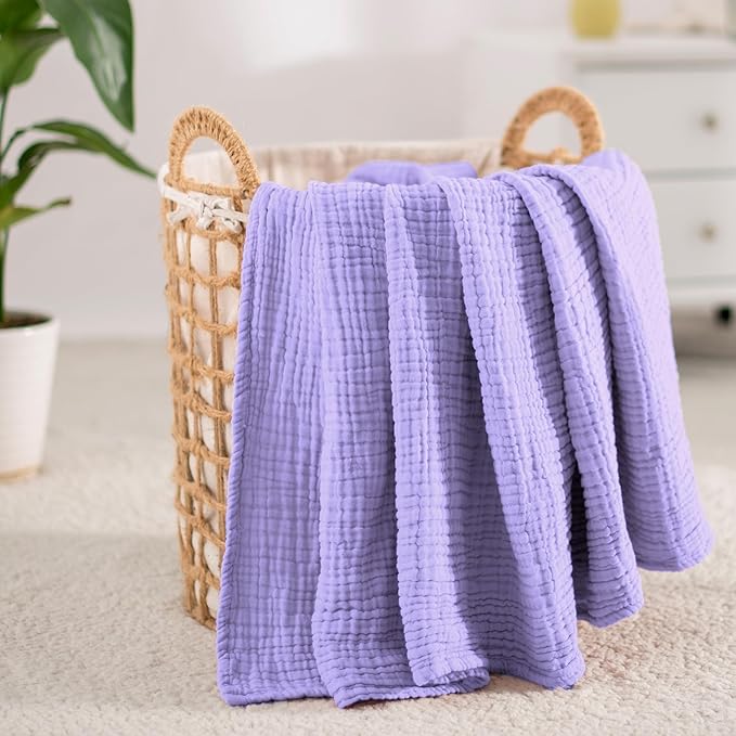 Carriediosa 100% Cotton Muslin Throw Blanket 50" X 70" Twin XL Size，4-Layers Summer Gauze Throws for Bed Couch，Soft Lightweight Breathable Linen Blankets Bedspread for Adults All Season，Light Purple