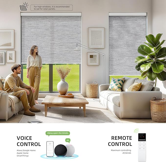 ZSTARR Motorized Smart Light Filtering Blind for Window with Remote Control, Automatic Blackout Roller Shade Customizable Size,with Valance Child Safety Rechargeable Battery Blinds(Jacquard Gray)
