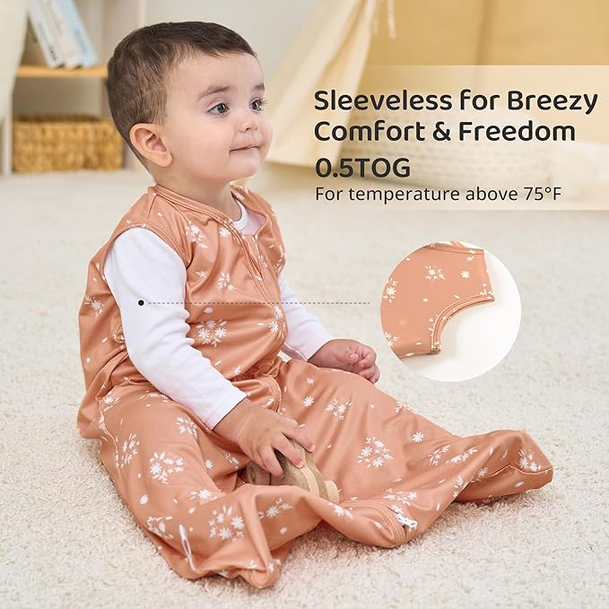 FIEMOL Baby Sleep Sack 12-18 Months, 0.5 TOG Wearable Blanket for Baby Boy and Girl, 2-Way Zipper Toddler Sleeping Bag 2 Pack, Lightweight Sleep Sacks Orange Flower（Large）