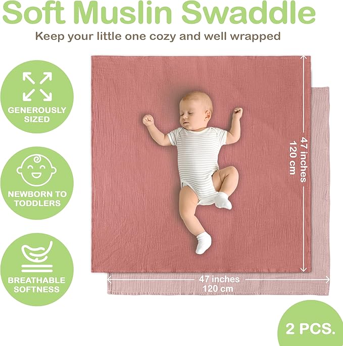 100% Organic Cotton Muslin Baby Blanket - 47 x 47 Inch Breathable Muslin Baby Girl Blanket, Hypoallergenic Double-Layer, Soft and Cozy Newborn Baby Blanket for Everyday Use (Rose/Peach)